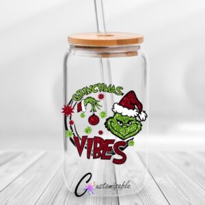 Grinchy Vibes Libby UVDTF Sticker design on a ceramic mug or Libby cup mockup, ideal for vibrant customized craft gifts.