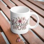 Pink Blessed Mom UVDTF Sticker design on a ceramic mug mockup, ideal for vibrant customized craft gifts.