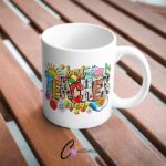 Best Teacher Graffiti UVDTF Sticker design on a ceramic mug mockup, ideal for vibrant customized craft gifts.