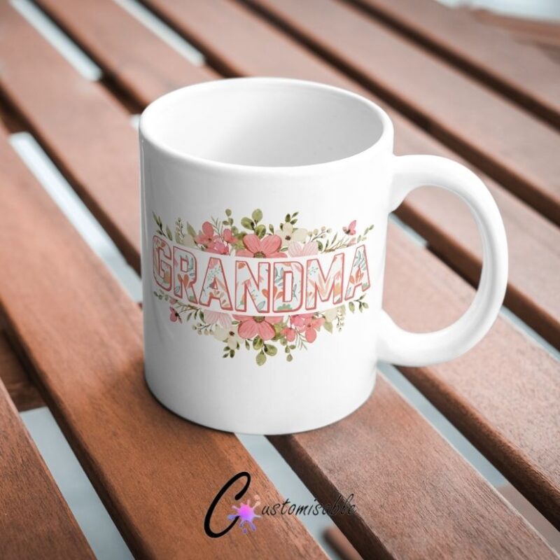 Floral Grandma UVDTF Sticker Floral Grandma UVDTF Sticker design on a ceramic mug mockup, ideal for vibrant customized craft gifts.