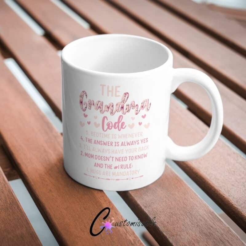 Grandma Code UVDTF Sticker design on a ceramic mug mockup, ideal for vibrant customized craft gifts.