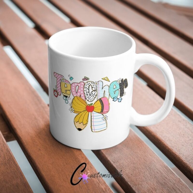 Teacher Bow Mug UVDTF Sticker Teacher Bow Mug UVDTF Sticker design on a ceramic mug mockup, ideal for vibrant customized craft gifts.