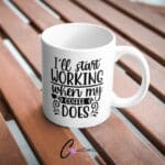 Working Coffee UVDTF Sticker design on a ceramic mug mockup, ideal for vibrant customized craft gifts.