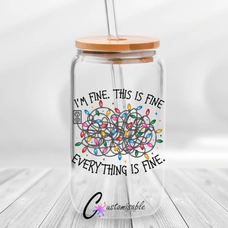 Everything is Fine UVDTF Sticker design on a ceramic mug mockup, ideal for vibrant customized craft gifts.