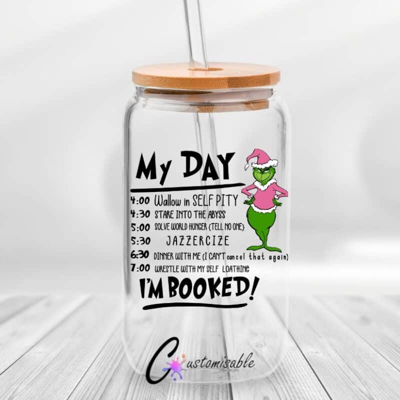 Grinch Day UVDTF Sticker design on a ceramic mug mockup, ideal for vibrant customized craft gifts.