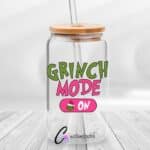 Grinch Mode On UVDTF Sticker design on a ceramic mug mockup, ideal for vibrant customized craft gifts.
