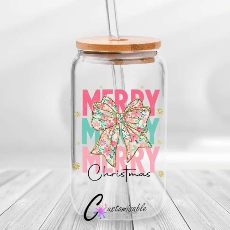 Preppy Christmas UVDTF Sticker design on a ceramic mug mockup, ideal for vibrant customized craft gifts.