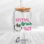 Resting Face UVDTF Sticker design on a ceramic mug mockup, ideal for vibrant customized craft gifts.