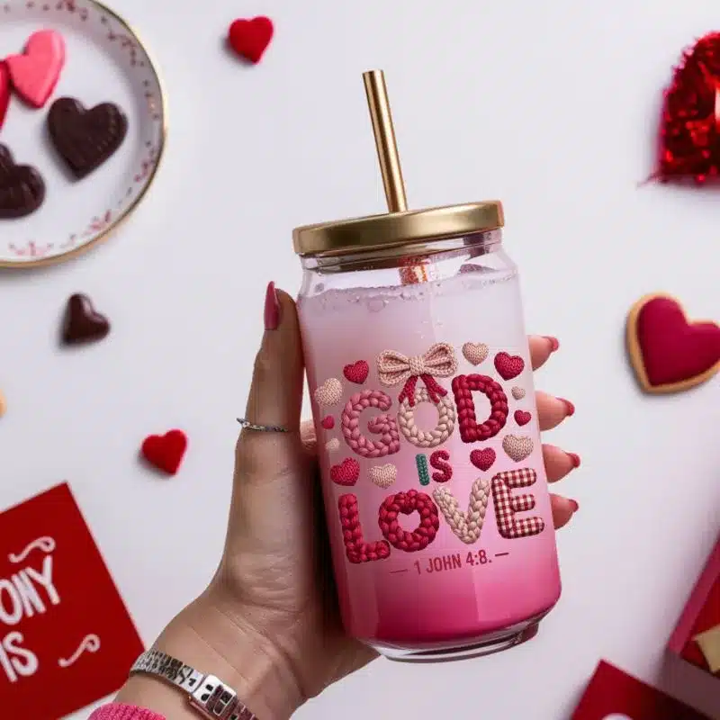 Crochet God is Love UVDTF Sticker Crochet God is Love UVDTF Sticker design on a ceramic mug mockup, ideal for vibrant customized craft gifts.
