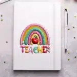Puff Teacher Diary UVDTF Sticker design on a ceramic mug mockup, ideal for vibrant customized craft gifts.