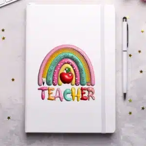Puff Teacher Diary UVDTF Sticker design on a ceramic mug mockup, ideal for vibrant customized craft gifts.