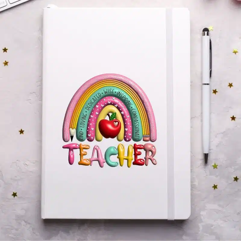 Puff Teacher Diary UVDTF Sticker design on a ceramic mug mockup, ideal for vibrant customized craft gifts.