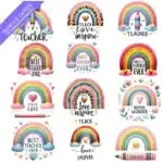 Teacher Rainbow Bundle UVDTF Sticker design on a ceramic mug mockup, ideal for vibrant customized craft gifts.