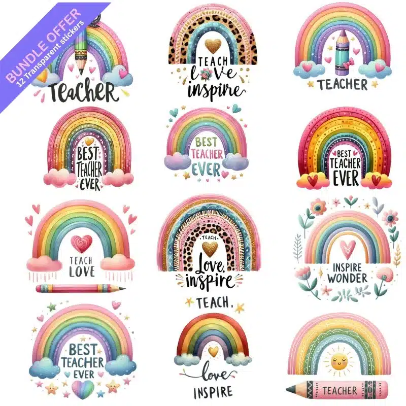 Teacher Rainbow Bundle UVDTF Sticker Teacher Rainbow Bundle UVDTF Sticker design on a ceramic mug mockup, ideal for vibrant customized craft gifts.