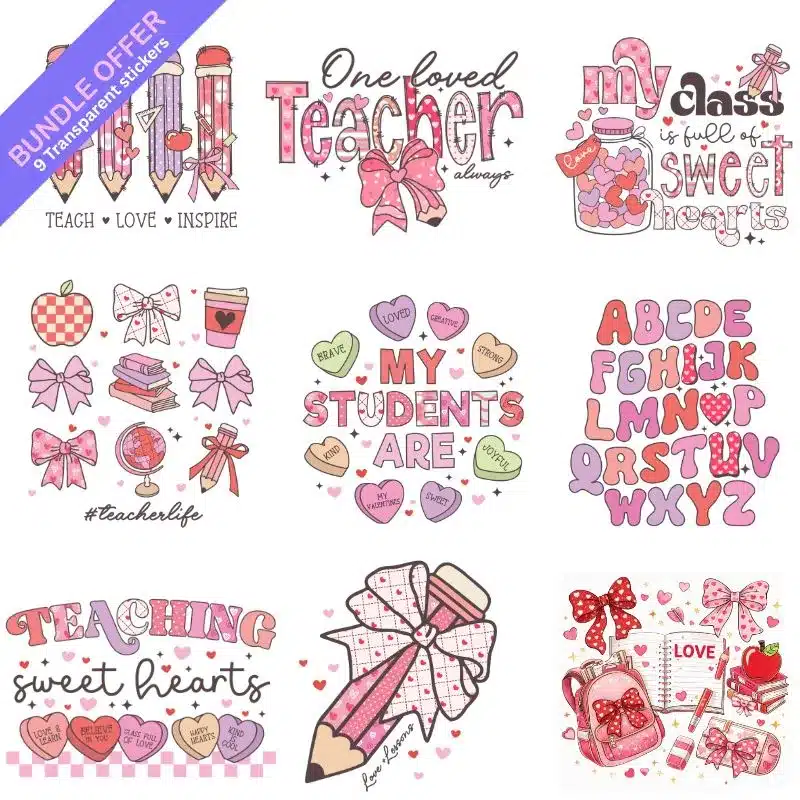 Teacher Valentine Bundle UVDTF Sticker Teacher Valentine Bundle UVDTF Sticker design on a ceramic mug mockup, ideal for vibrant customized craft gifts.