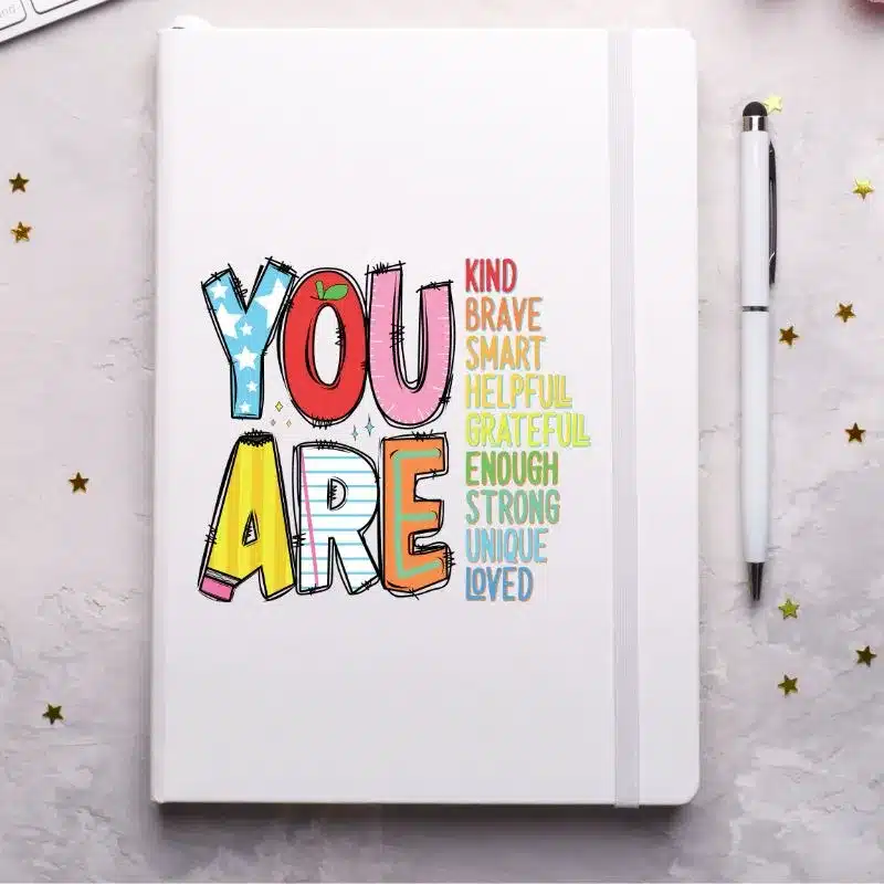You are Kind Diary UVDTF Sticker design on a ceramic mug mockup, ideal for vibrant customized craft gifts.
