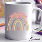 Beste Juffrou Koffie UVDTF Sticker design on a ceramic mug mockup, ideal for vibrant customized craft gifts.