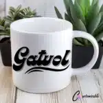 Gatvol Koffie UVDTF Sticker design on a ceramic mug mockup, ideal for vibrant customized craft gifts.