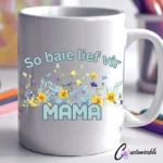 Mamma Koffie UVDTF Sticker design on a ceramic mug mockup, ideal for vibrant customized craft gifts.