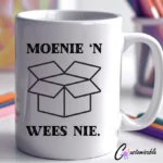 Moenie Koffie UVDTF Sticker design on a ceramic mug mockup, ideal for vibrant customized craft gifts.