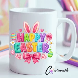 Fun Happy Easter UVDTF Sticker design on a ceramic mug mockup, ideal for vibrant customized craft gifts.