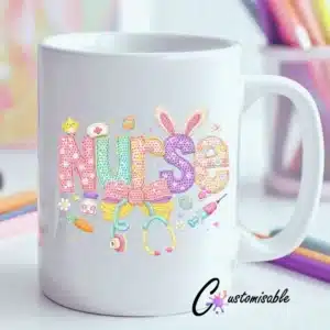Yarn Easter Nurse x  UVDTF Sticker design on a ceramic mug mockup, ideal for vibrant customized craft gifts.