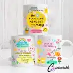 Positive Mindset UVDTF Sticker design on a ceramic mug mockup, ideal for vibrant customized craft gifts.