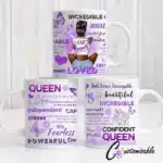 Purple Queen UVDTF Sticker design on a ceramic mug mockup, ideal for vibrant customized craft gifts.