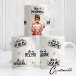 She is Fearless UVDTF Sticker design on a ceramic mug mockup, ideal for vibrant customized craft gifts.