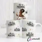 She is Phenomenal UVDTF Sticker design on a ceramic mug mockup, ideal for vibrant customized craft gifts.