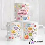 Teacher Daily Affirmation UVDTF Sticker design on a ceramic mug mockup, ideal for vibrant customized craft gifts.
