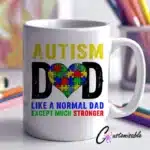 Autism Dad Mug custom UV DTF sticker design on a ceramic mug mockup, ideal for vibrant Father's Day craft gifts.