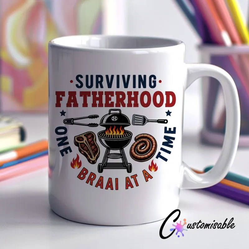 Braai Surviving Fatherhood UVDTF Sticker Braai Surviving Fatherhood custom UV DTF sticker design on a ceramic mug mockup, ideal for vibrant Father's Day craft gifts.