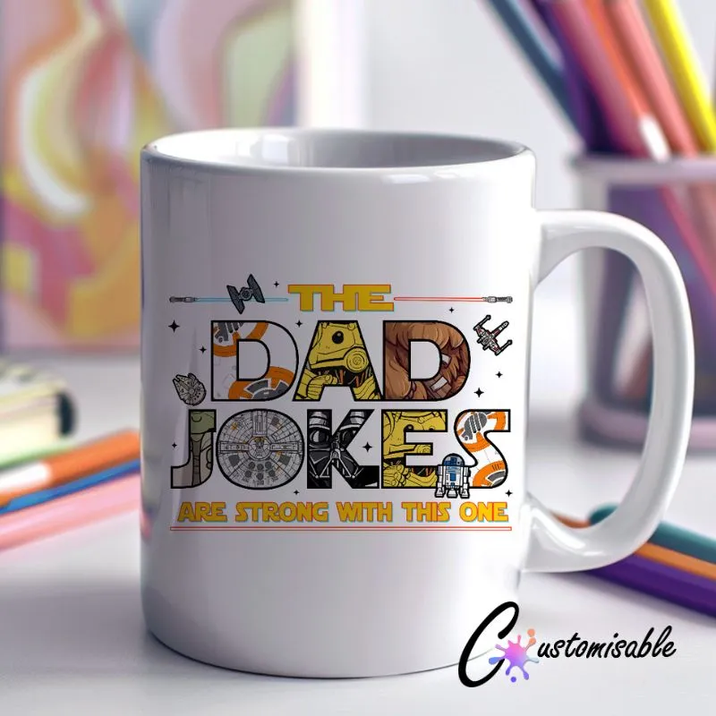 Dad Jokes Mug UVDTF Sticker Dad Jokes Mug custom UV DTF sticker design on a ceramic mug mockup, ideal for vibrant Father's Day craft gifts.