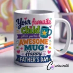 Fathers Favorite Child custom UV DTF sticker design on a ceramic mug mockup, ideal for vibrant Father's Day craft gifts.