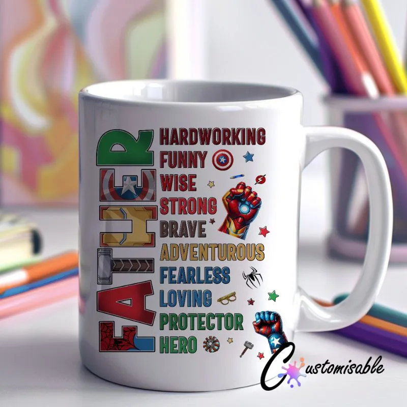 Hardworking Father Wrap UVDTF Sticker Hardworking Father Wrap custom UV DTF sticker design on a ceramic mug mockup, ideal for vibrant Father's Day craft gifts.