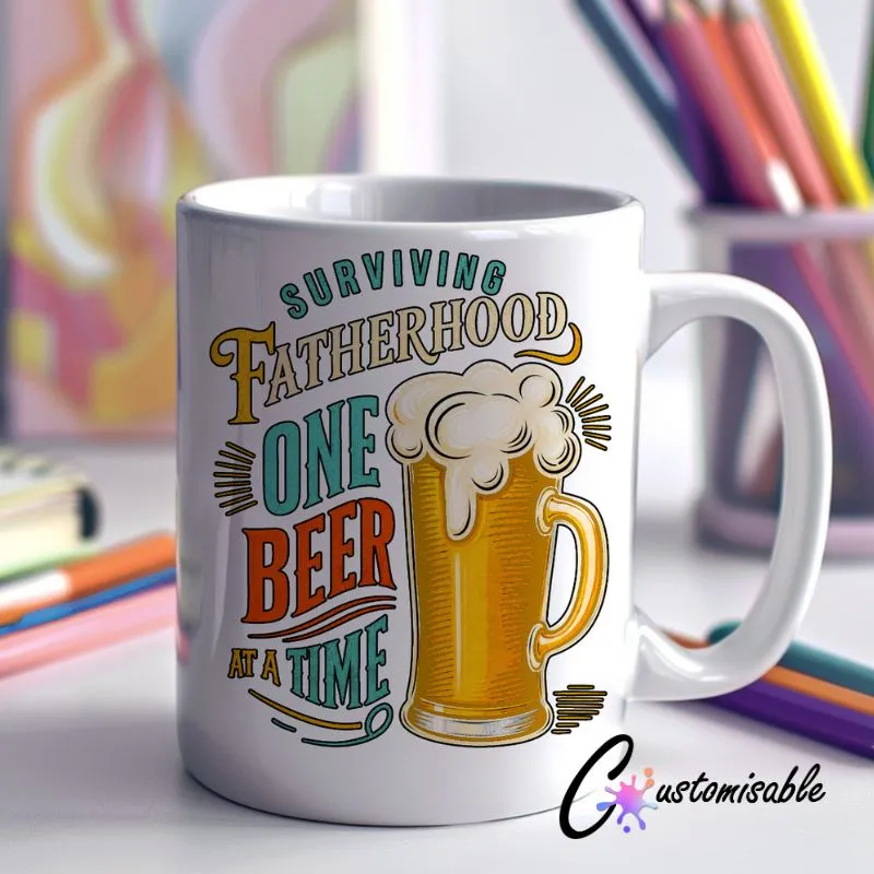 Surviving Fatherhood Beer UVDTF Sticker Surviving Fatherhood Beer custom UV DTF sticker design on a ceramic mug mockup, ideal for vibrant Father's Day craft gifts.