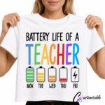 White T-shirt mockup with a colourful “Battery Life of a Teacher” DTF transfer design, showing battery icons from Monday to Friday to represent a teacher’s energy during the school week.