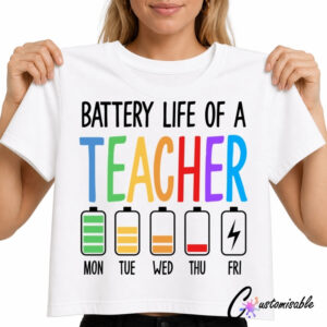 White T-shirt mockup with a colourful “Battery Life of a Teacher” DTF transfer design, showing battery icons from Monday to Friday to represent a teacher’s energy during the school week.