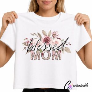 White T-shirt with a “Blessed Mom” floral DTF transfer design featuring pink roses, soft botanical leaves, and elegant black script lettering.