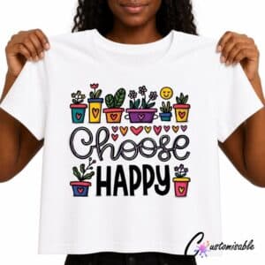 White T-shirt with colourful “Choose Happy” DTF transfer design featuring potted plants, flowers, hearts, and hand-drawn lettering.