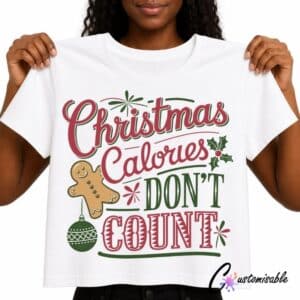 White T-shirt with red and green “Christmas Calories Don’t Count” DTF transfer design featuring a gingerbread man, bauble, holly leaves, and festive typography.