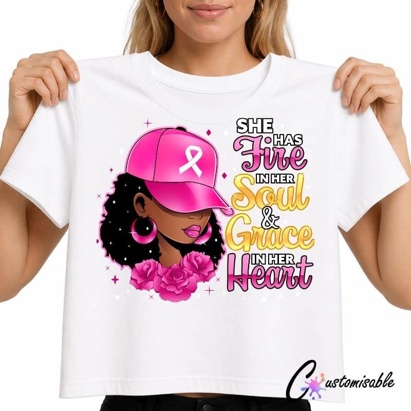 White T-shirt with a pink empowerment DTF transfer design reading “She Has Fire In Her Soul And Grace In Her Heart,” featuring a woman in a pink cap, flowers, and ribbon detail.