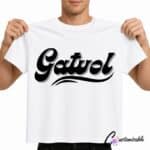 White T-shirt with black “Gatvol” DTF transfer design in bold script-style lettering with a curved underline.