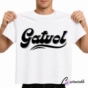 White T-shirt with black “Gatvol” DTF transfer design in bold script-style lettering with a curved underline.