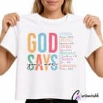 White T-shirt with colourful faith-based “God Says You Are” DTF transfer design featuring scripture references and uplifting Christian words.