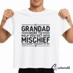 White T-shirt with black “Grandad Here To Help You Get Into Mischief You Haven’t Thought Of Yet” DTF transfer design.