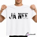 White T-shirt with black distressed “Ja Nee” DTF transfer design in bold uppercase Afrikaans text.