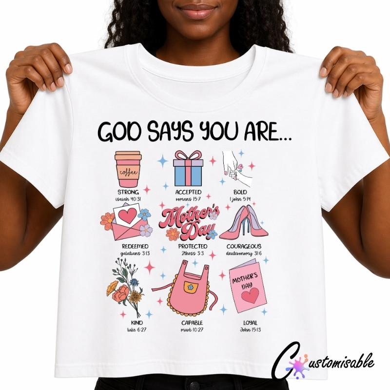 DTF Transfer Mothers Day A mockup of a white custom t-shirt featuring a Christian Mother's Day design titled "GOD SAYS YOU ARE...". The layout displays a 3x3 grid of pastel-colored icons paired with encouraging traits and corresponding Bible verses, including a coffee cup for Strong (Isaiah 40:31), a gift box for Accepted (Romans 15:7), holding hands for Bold (1 John 5:14), a heart letter for Redeemed (Galatians 3:13), high heels for Courageous (Deuteronomy 31:6), a floral bouquet for Kind (Luke 6:27), an apron for Capable (Mark 10:27), and a card for Loyal (John 15:13), centered around a retro pink "Mother's Day" logo labeled Protected (2 Thess 3:3).