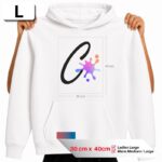 DTF heat transfer print area size guide showing a 30cm x 40cm "L" template overlay on a white hoodie, recommended for Ladies Large and Mens Medium or Large apparel printing.